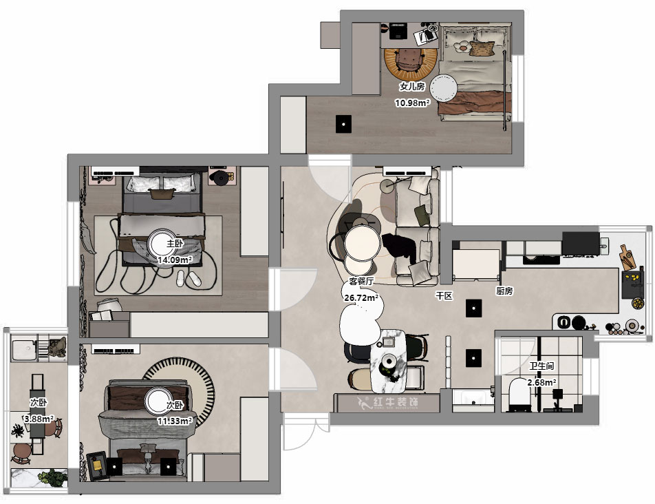 朱明琪｜明月新寓花園12-102-85㎡-現代簡約風格｜3室1廳1衛｜老房改造｜定制家｜全包11萬｜00_03平面彩圖