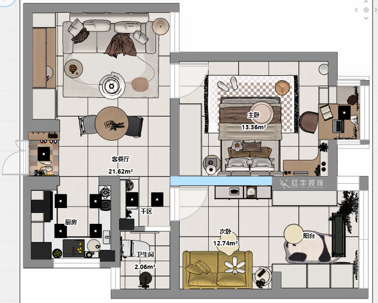 朱明琪｜燕江新城山水苑10-2-1007-68㎡-簡約風格｜2室1廳1衛｜老房裝修｜定制家｜全包8萬｜00_03平面彩圖