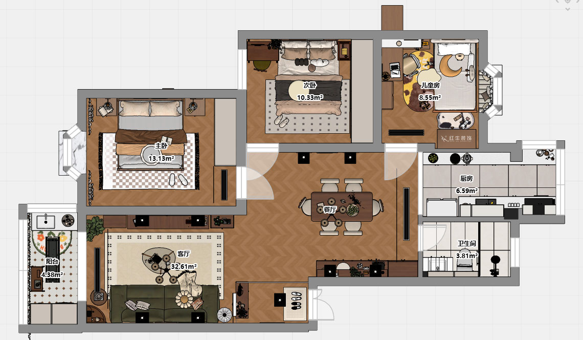 朱彥｜林業大學一村2-204-90㎡-現代簡約風格｜3室2廳1衛｜老房改造｜定制家｜全包12萬｜00_03平面彩圖