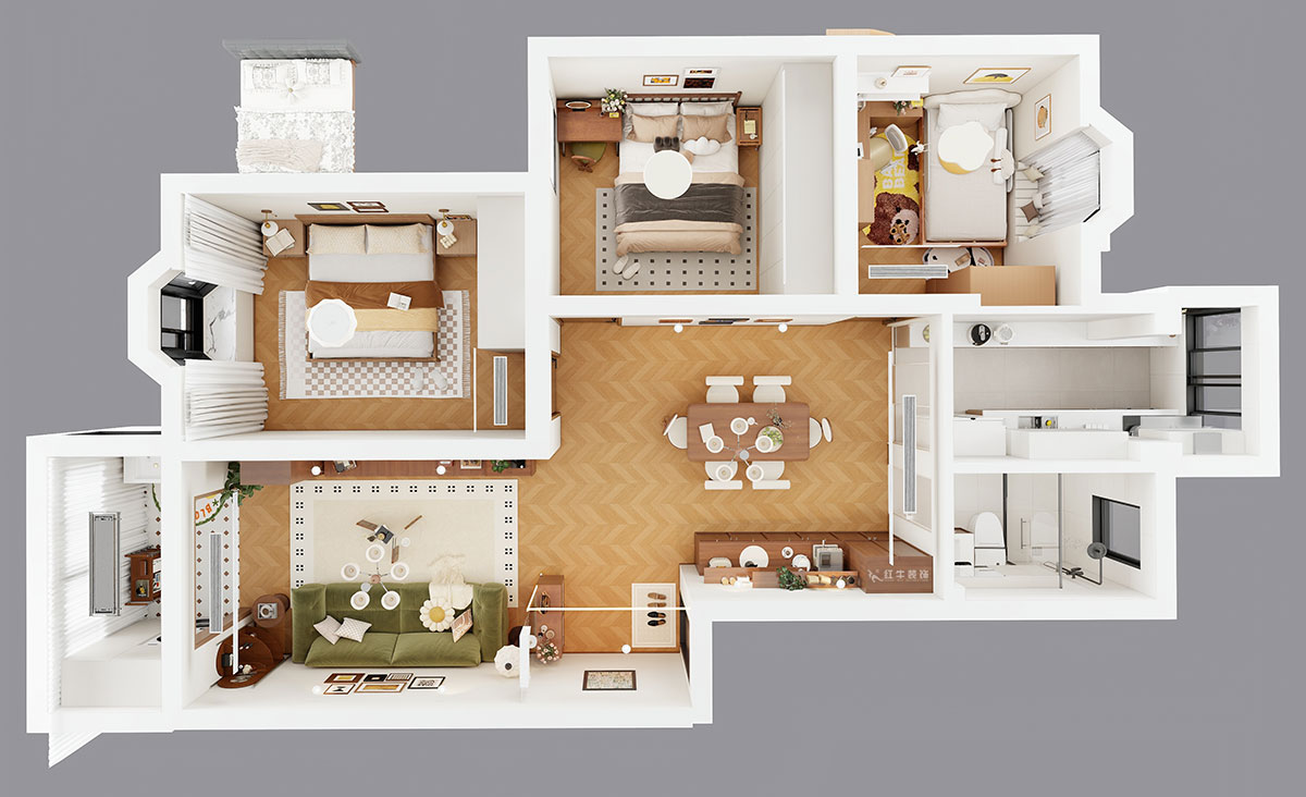 朱彥｜林業大學一村2-204-90㎡-現代簡約風格｜3室2廳1衛｜老房改造｜定制家｜全包12萬｜00_04鳥瞰圖