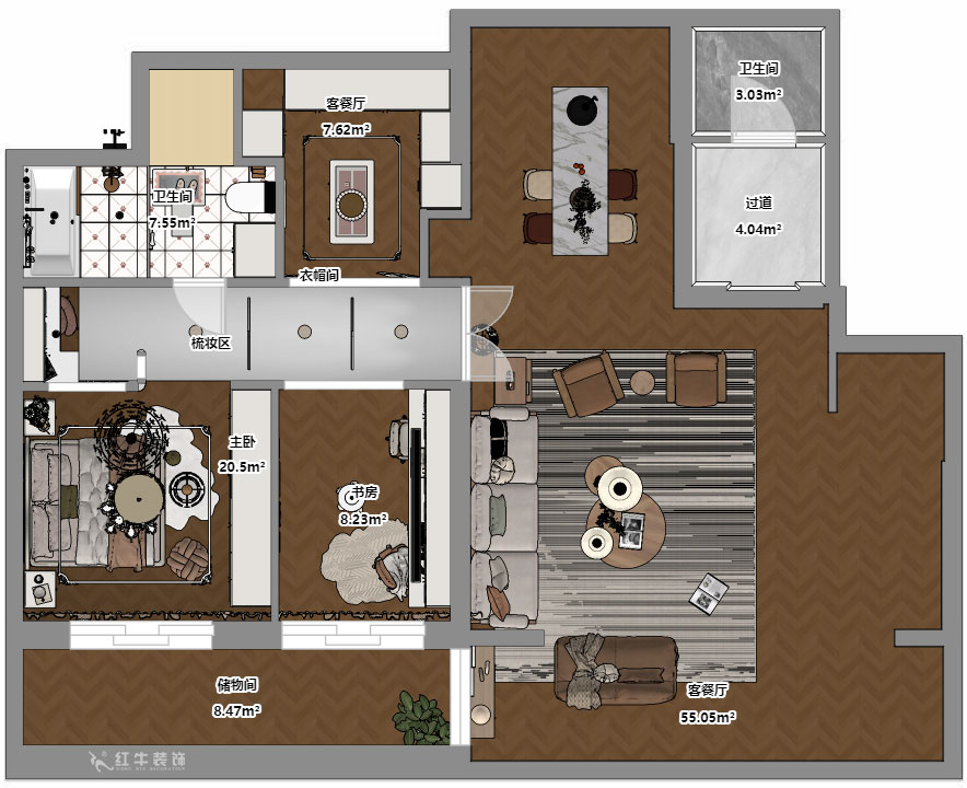 蔣琛｜通宇·潤悅府5-2-104-130㎡-美式復古風格｜3室2廳1衛｜新房裝修｜定制家｜全包15萬｜00_03平面彩圖
